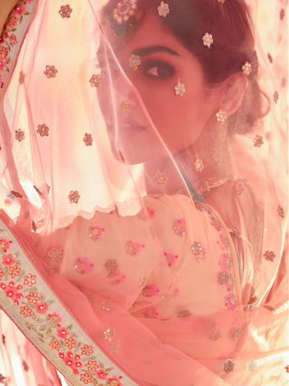 Odette Women Beige Embroidered Crepe Semi Stitched Lehenga With Unstitched Blouse