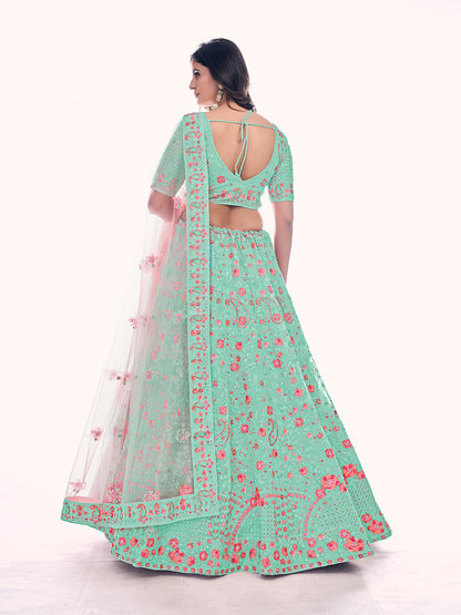 Odette Sea Green Embroidered Soft Net Semi Stitched Lehenga With Blouse For Women