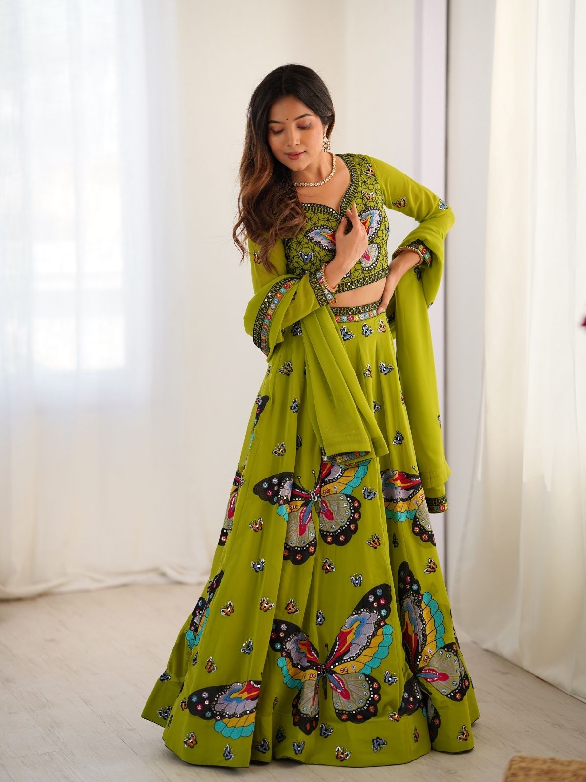 Odette Green Georgette Embroidered Semi-Stitched lehenga For Women