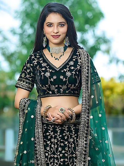 Odette Green Velvet Embroidered Semi-Stitched Lehenga For Women