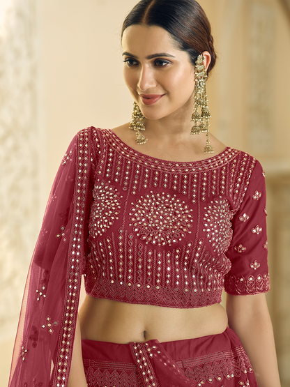 Odette Women Maroon Soft Net Semi Stitched Lehenga With Unstitched Blouse