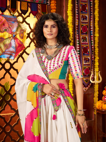 Odette White Silk Blend Printed Semi-Stitched Lehenga For Women