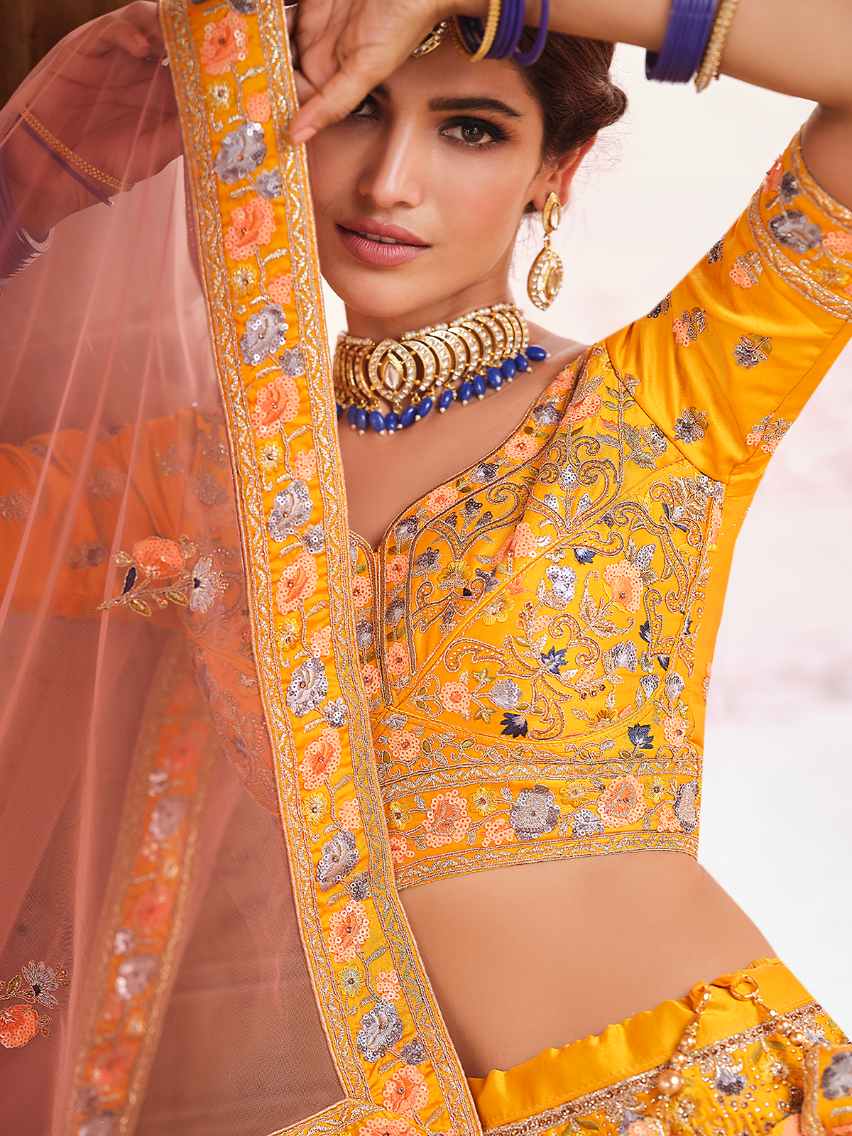 Odette Women Mustard Swarovski Embroidered Crepe Semi Stitched Lehenga With Unstitched Blouse