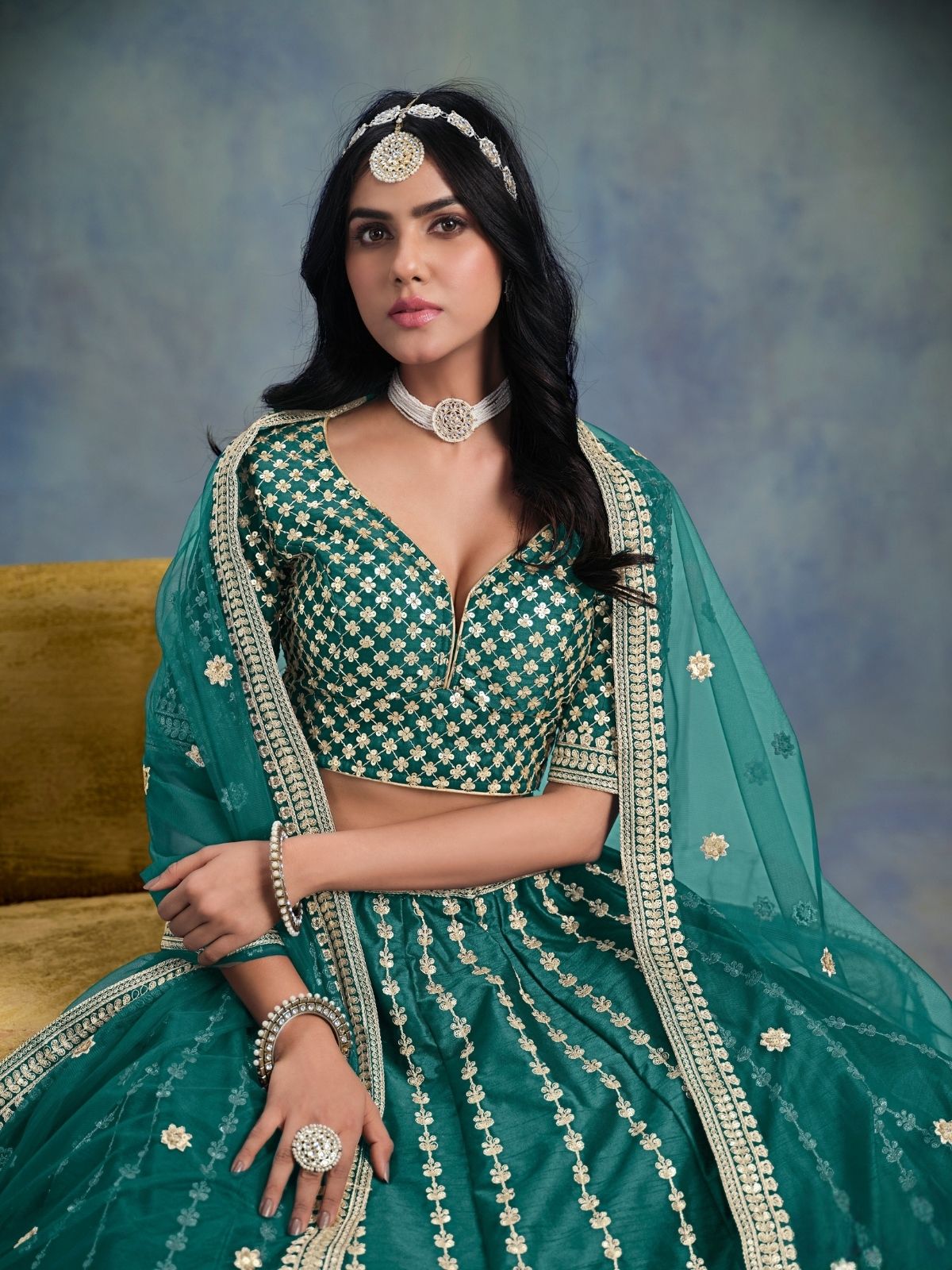Odette Teal Green Art Silk Embellished Semi-Stitched lehenga For Women