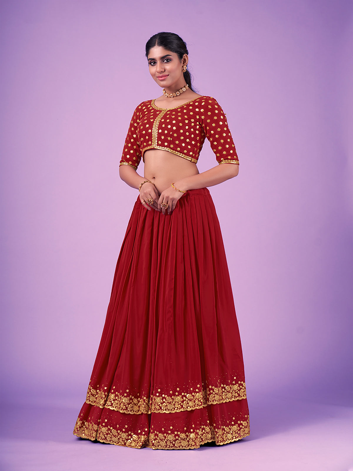 Odette Red Embroidered Georgette Semi Stitched Lehenga With Blouse For Women