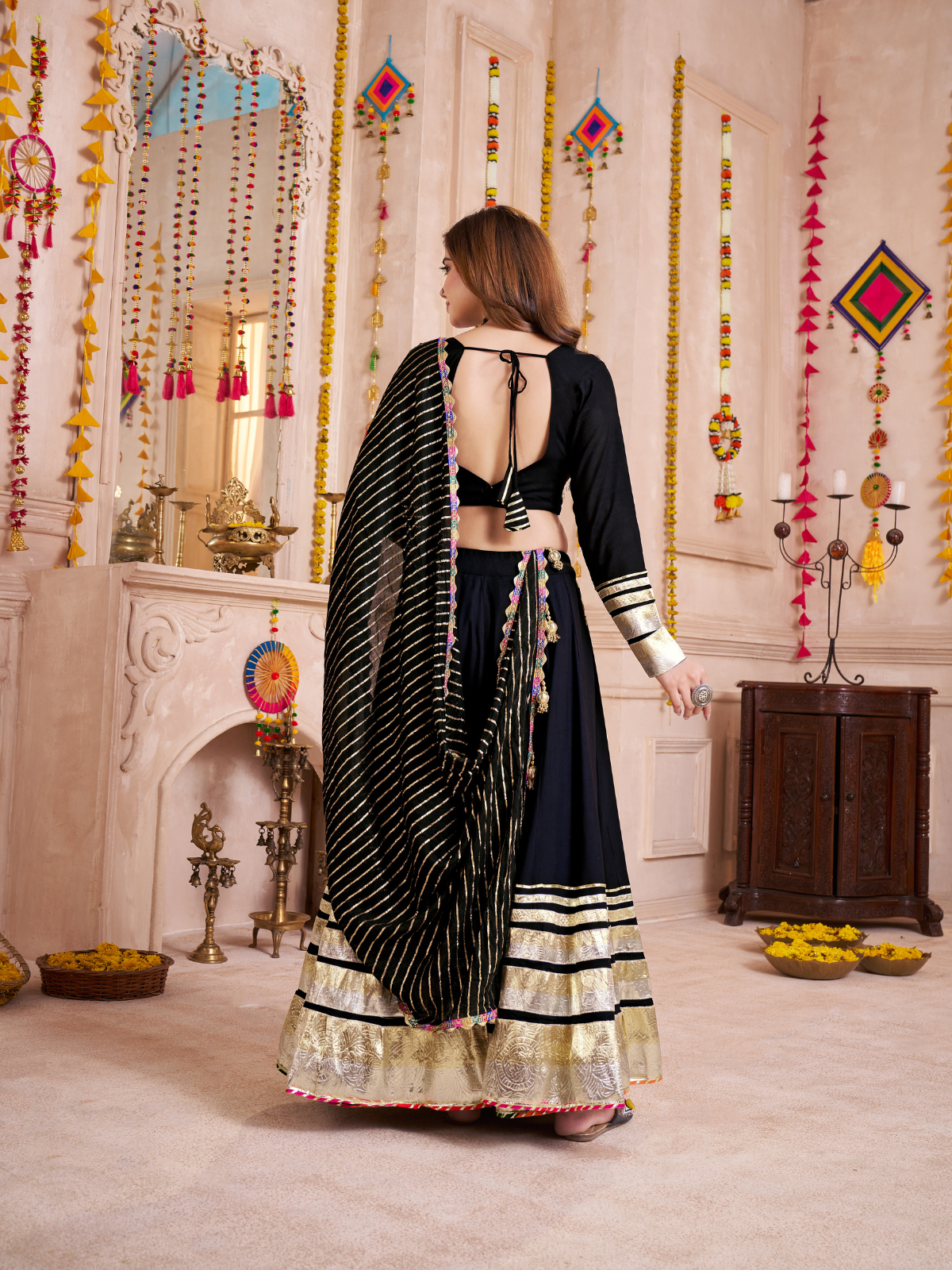 Odette Black Viscose Cotton Embroidered Semi-Stitched Lehenga Choli For Women