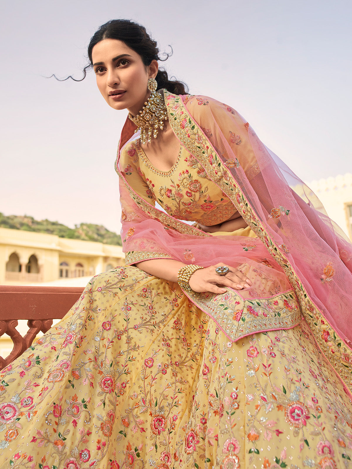 Odette Yellow Embroidered Organza Semi Stitched Lehenga With Blouse For Women