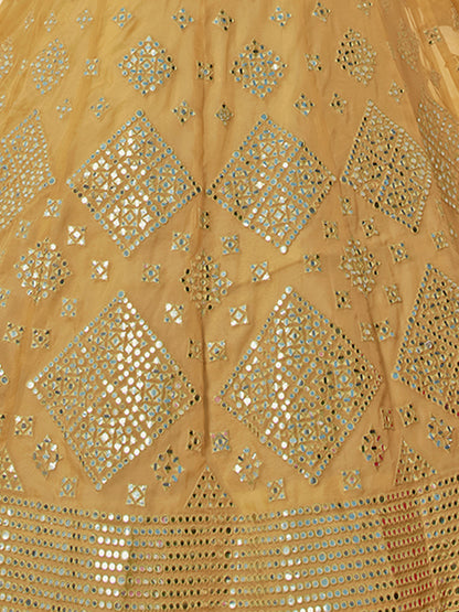 Odette Mustard Embroidered Organza Semi Stitched Lehenga With Blouse For Women