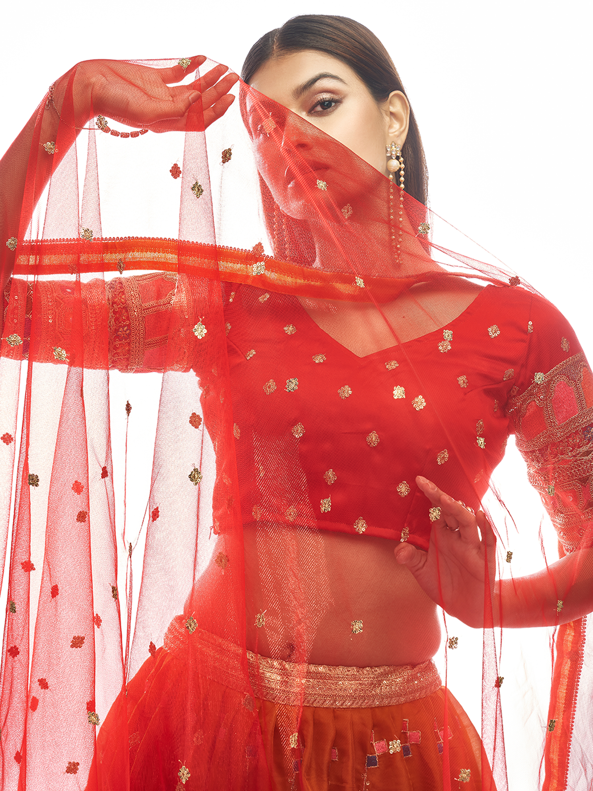 Odette Women Mustard Embroidered Georgette Semi Stitched Lehenga With Unstitched Blouse