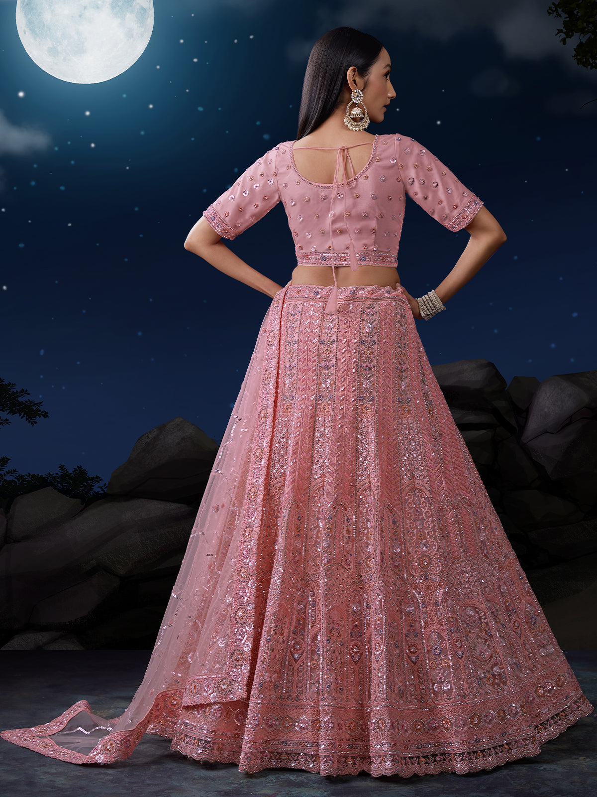 Odette Pink Embellished Soft Net Semi Stitched Lehenga With Blouse For Women