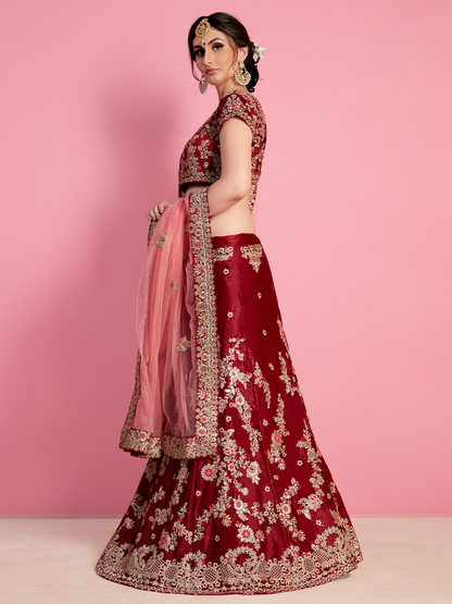 Odette Women Red Embroidered Velvet Silk Semi Stitched Lehenga With Unstitched Blouse