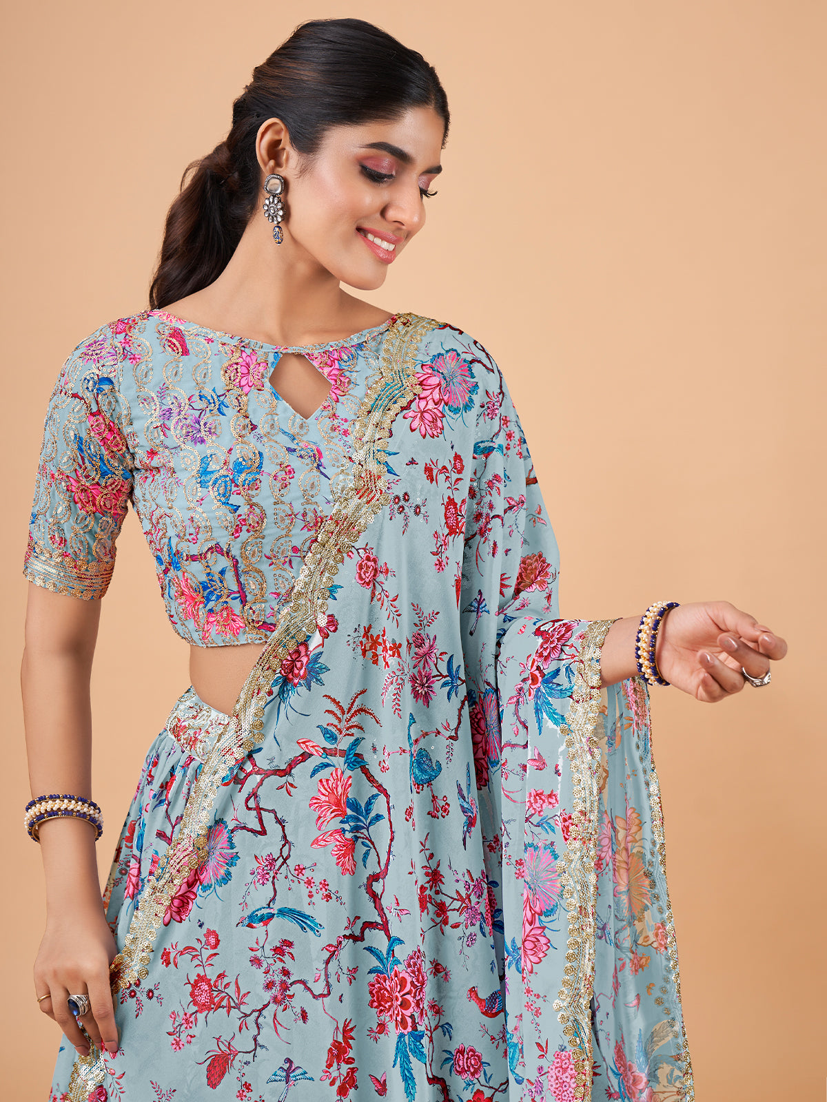 Odette Women Light Blue Printed And Embroidered Semi Stitched Lehenga With Unstitched Blouse