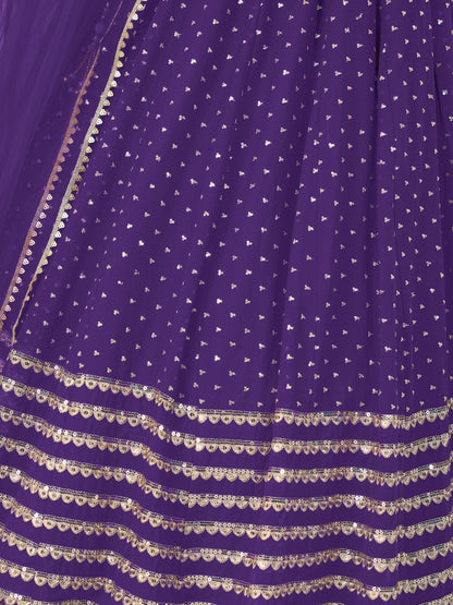 Odette Violet Georgette Embellished Semi Stitched Lehenga With Unstitched Blouse For Women