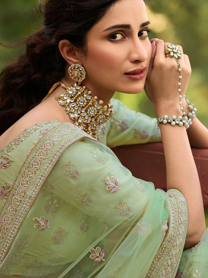 Odette Olive Embroidered Organza Semi Stitched Lehenga With Blouse For Women