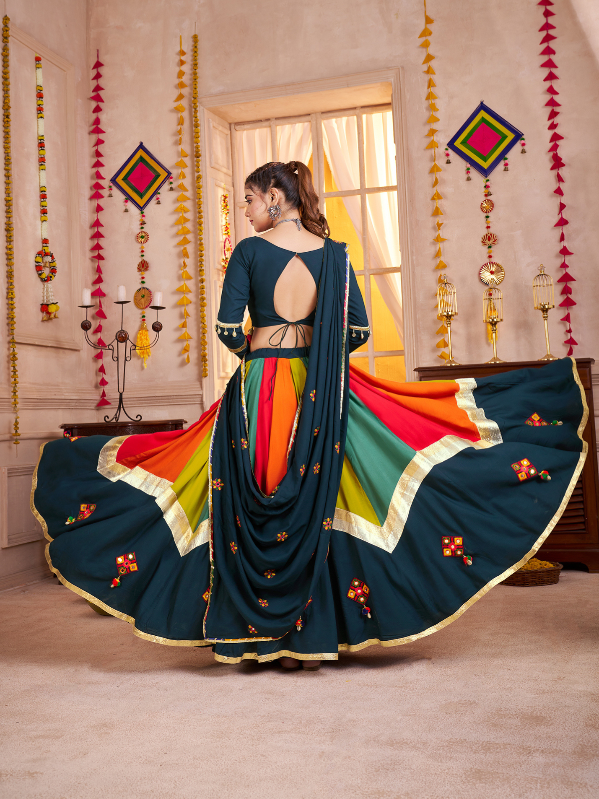Odette Multicolor Viscose Cotton Embroidered Semi-Stitched Lehenga Choli For Women