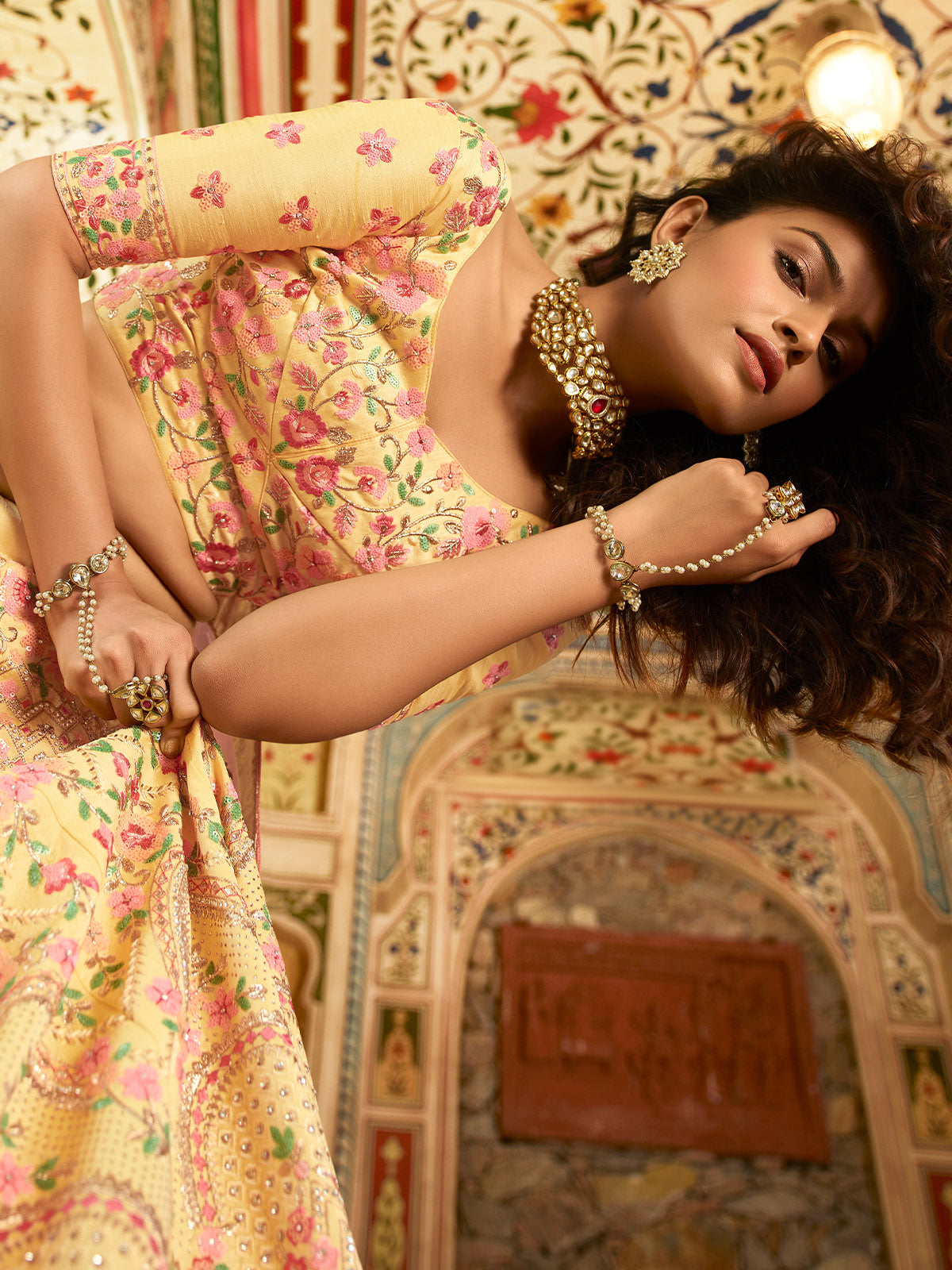 Odette Yellow Embroidered Art Silk Semi Stitched Lehenga With Blouse For Women