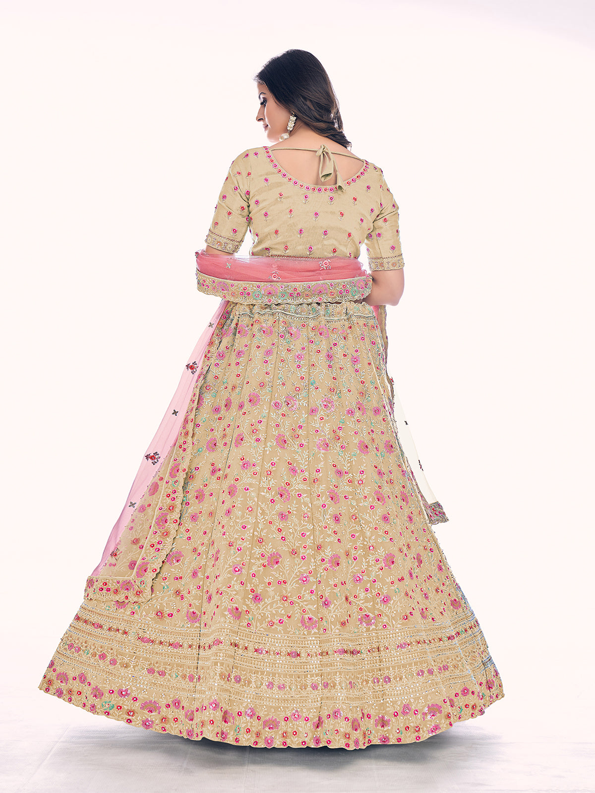 Odette Cream Embroidered Silk Blend Semi Stitched Lehenga With Blouse For Women
