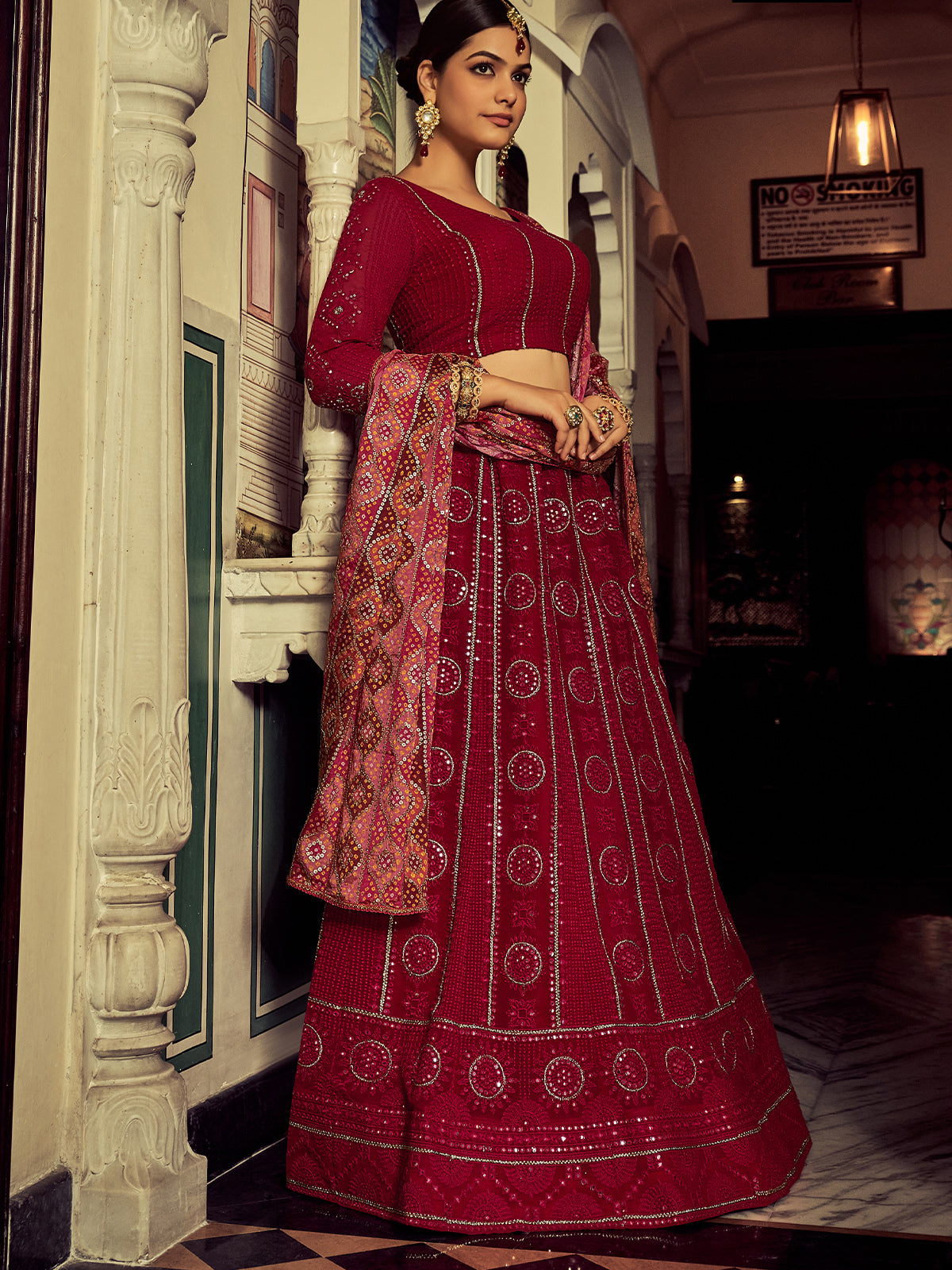 Odette Women Embroidered Pink Georgette Semi Stitched Lehenga With Blouse Piece