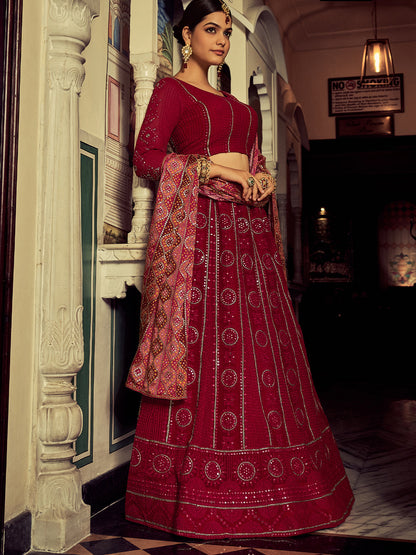 Odette Women Embroidered Pink Georgette Semi Stitched Lehenga With Blouse Piece