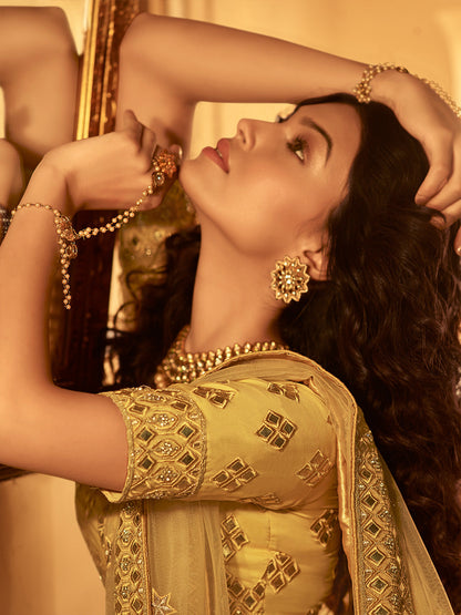 Odette Mustard Embroidered Organza Semi Stitched Lehenga With Blouse For Women