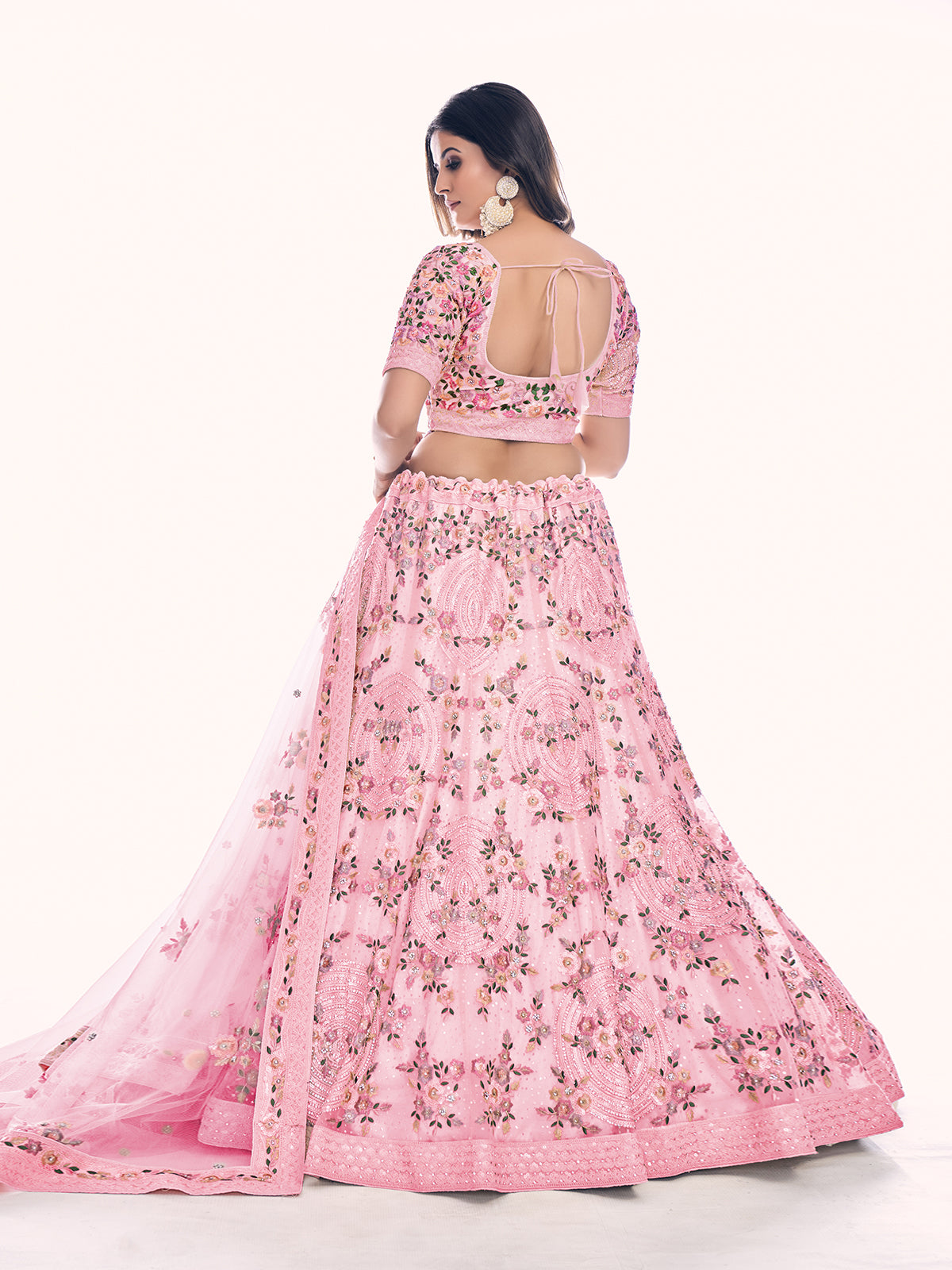Odette Pink Embroidered Soft Net Semi Stitched Lehenga With Blouse For Women