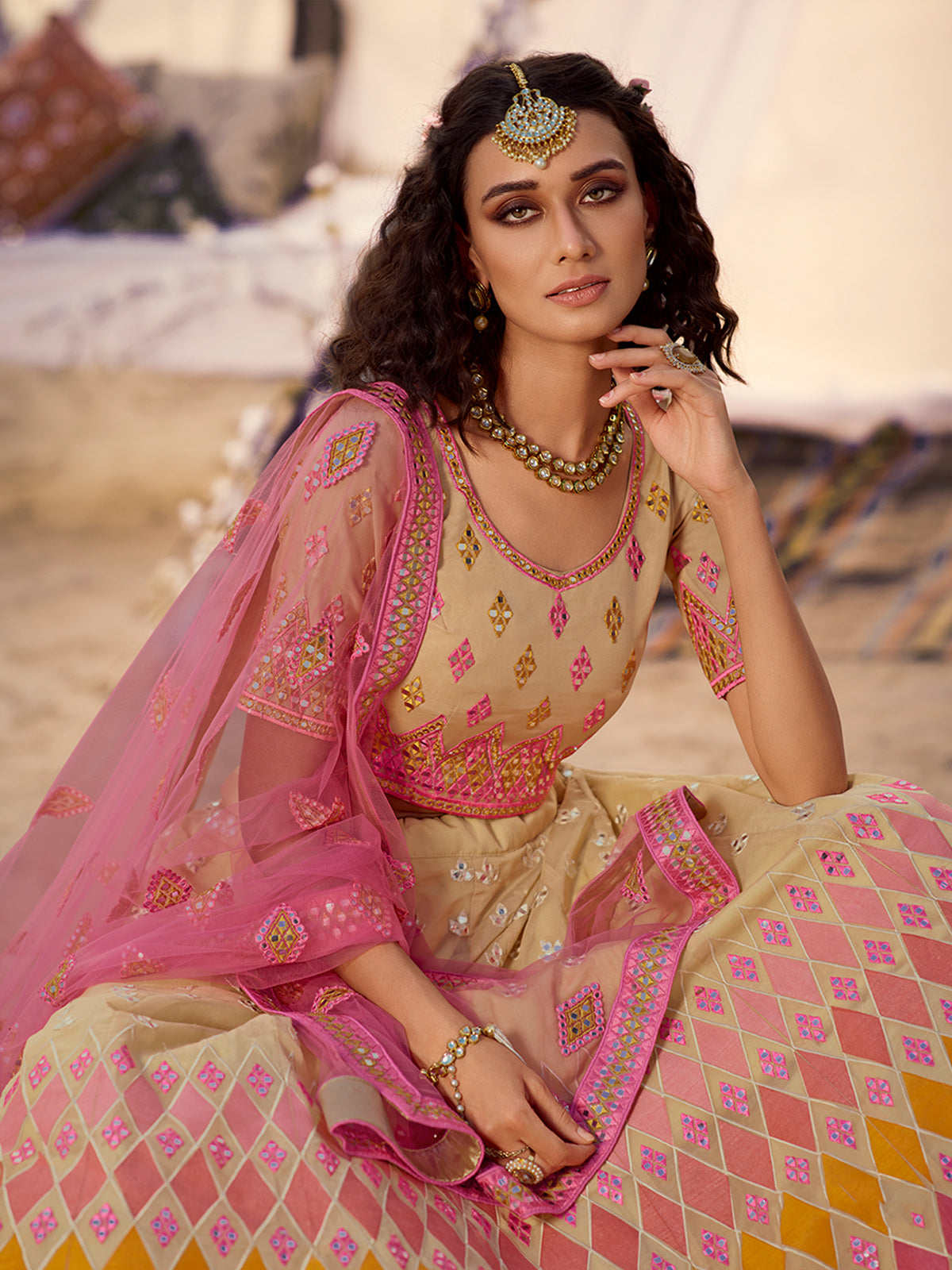 Odette Beige Embroidered Organza Semi Stitched Lehenga With Blouse For Women