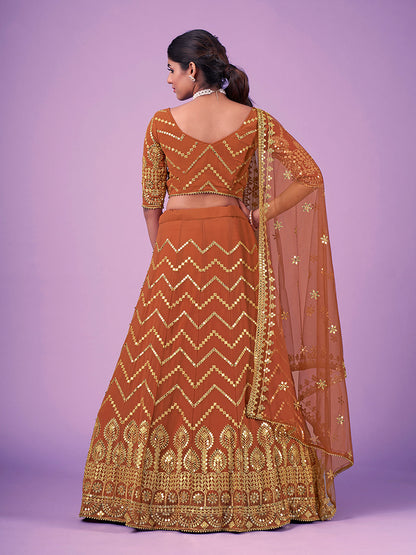 Odette Rust Embroidered Georgette Semi Stitched Lehenga With Blouse For Women