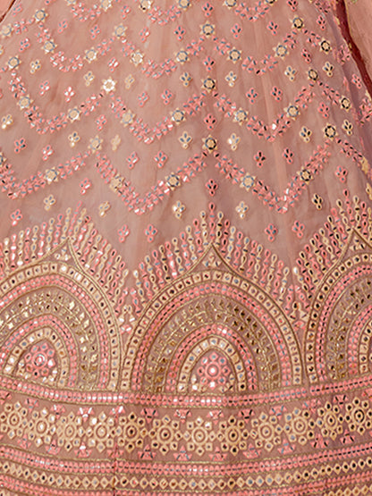 Odette Peach Embroidered Organza Semi Stitched Lehenga With Blouse For Women