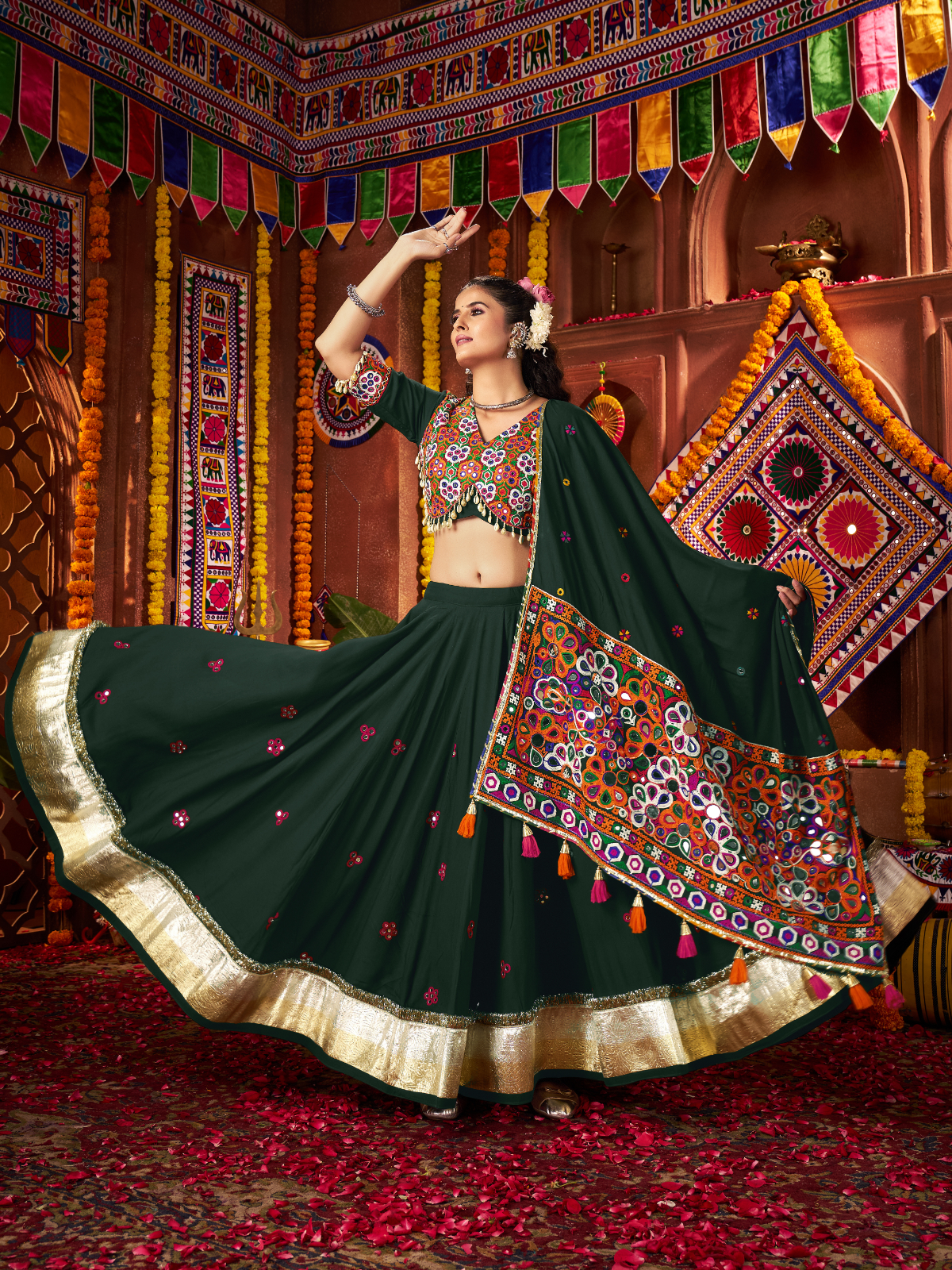 Odette Dark Green Cotton Blend Embroidered Semi-Stitched lehenga For Women