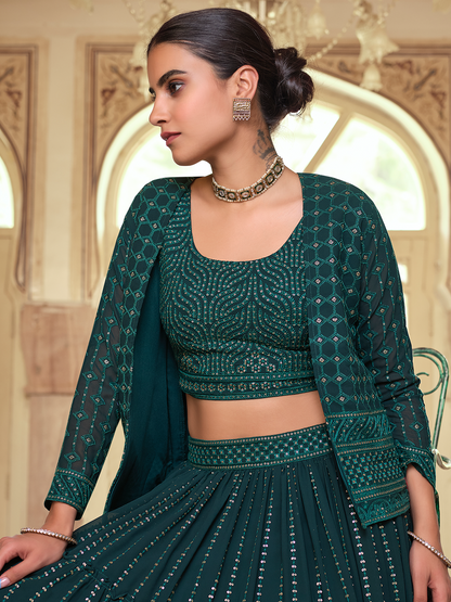 Odette Women Dark Green Embroidered Georgette Semi Stitched Lehenga With Unstitched Blouse