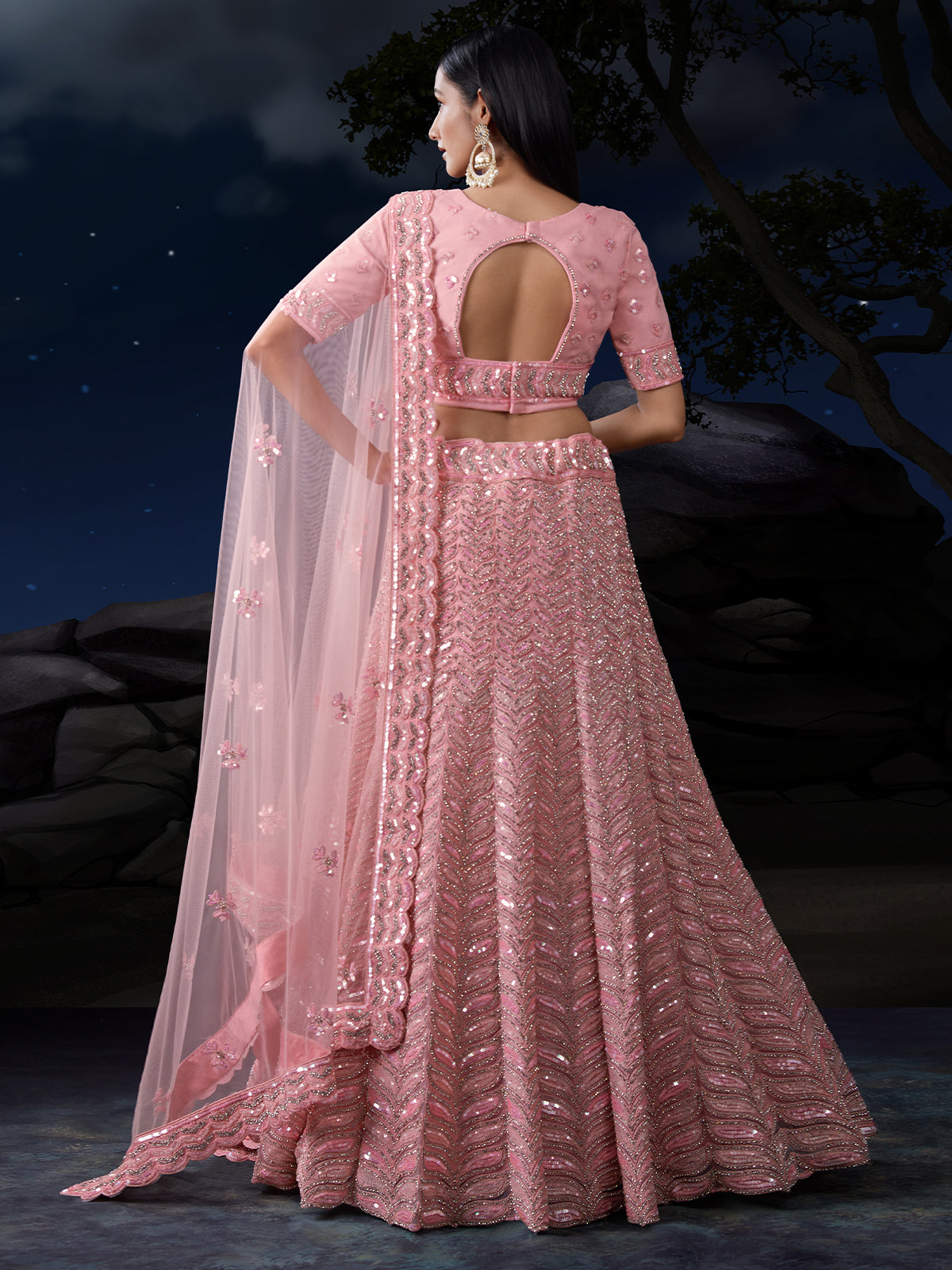 Odette Pink Embellished Soft Net Semi Stitched Lehenga With Blouse For Women