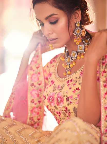 Odette Women Yellow Embroidered Georgette Semi Stitched Lehenga With Unstitched Blouse