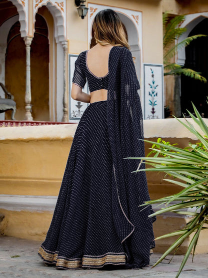 Odette Black Georgette Printed Semi Stitched Lehenga With Unstitched Blouse For Women
