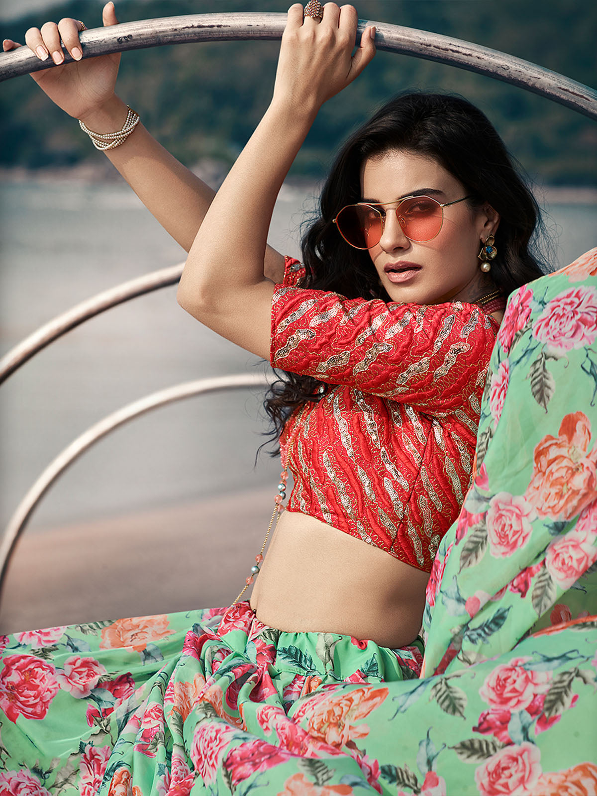 Odette Sea Green Printed Organza Semi Stitched Lehenga With Blouse For Women