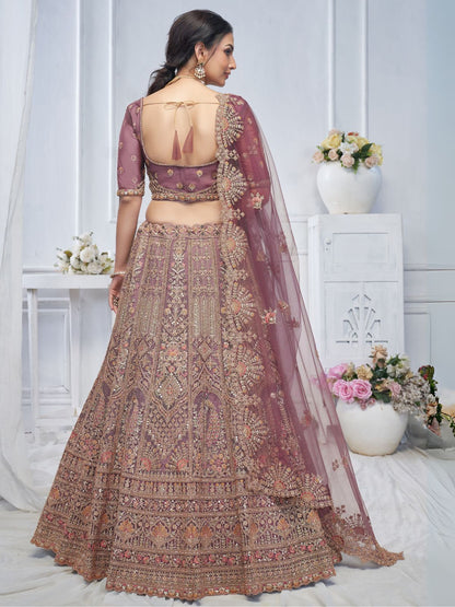 Odette Mauve Soft Net Embroidered Semi-Stitched Lehenga With Unstitched Blouse For Women