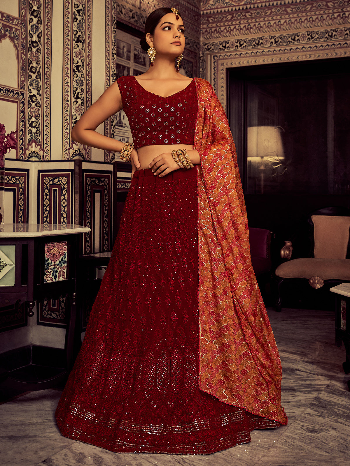 Odette Women Stylish Maroon Embroidered Georgette Semi Stitched Lehenga With Blouse Piece