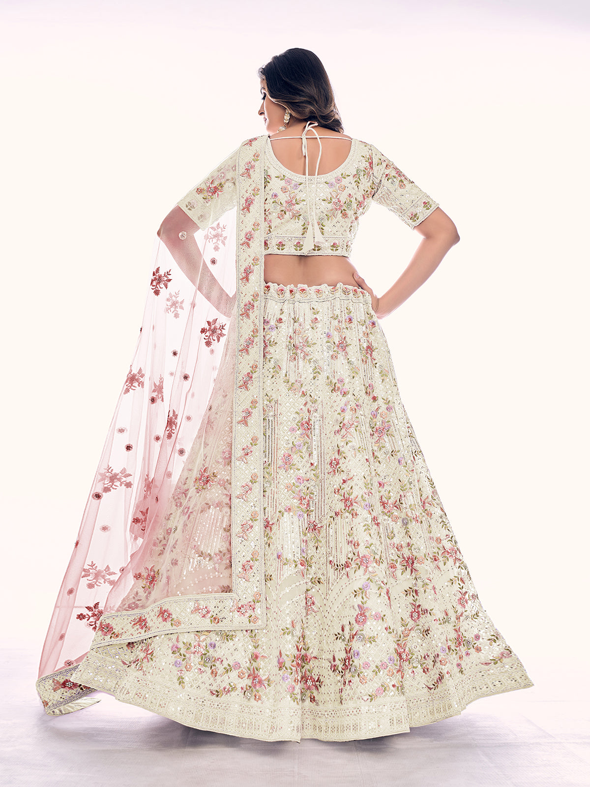 Odette Cream Embroidered Soft Net Semi Stitched Lehenga With Blouse For Women