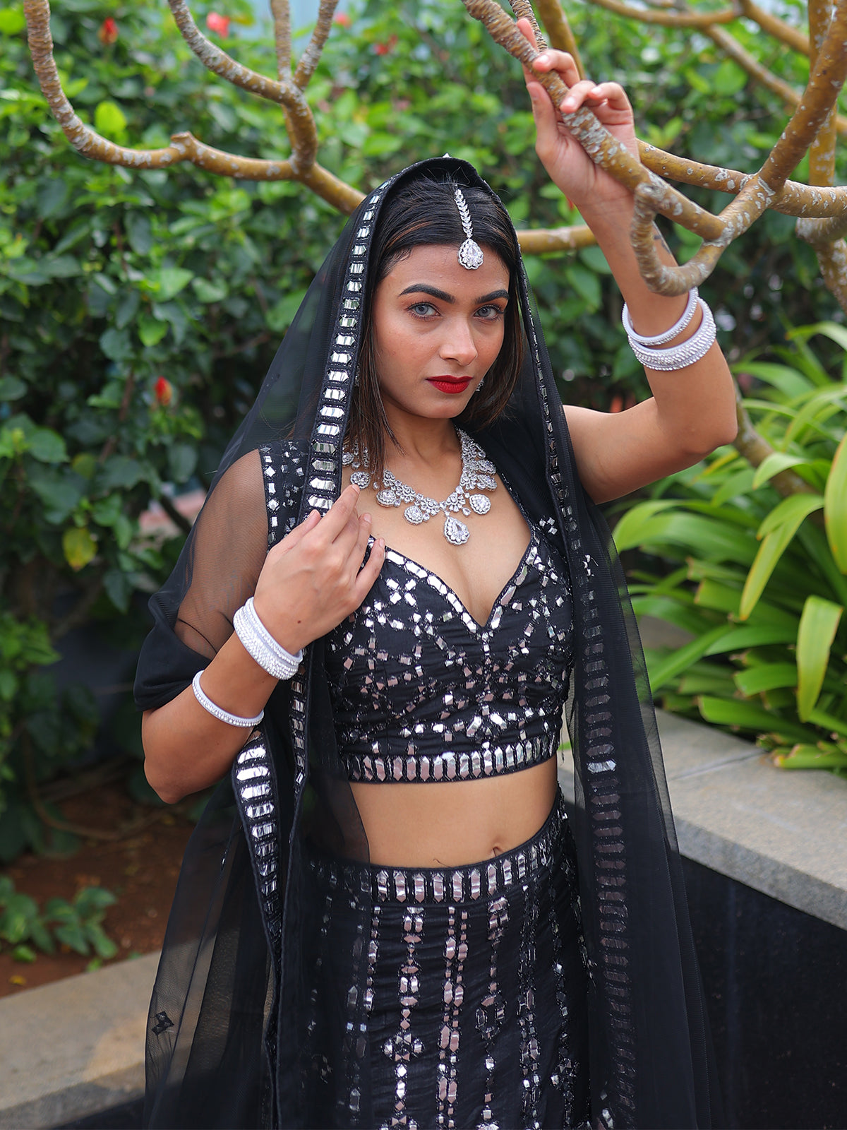 Odette Black Silk Blend Semi Stitched Lehenga With Unstitched Blouse For Women