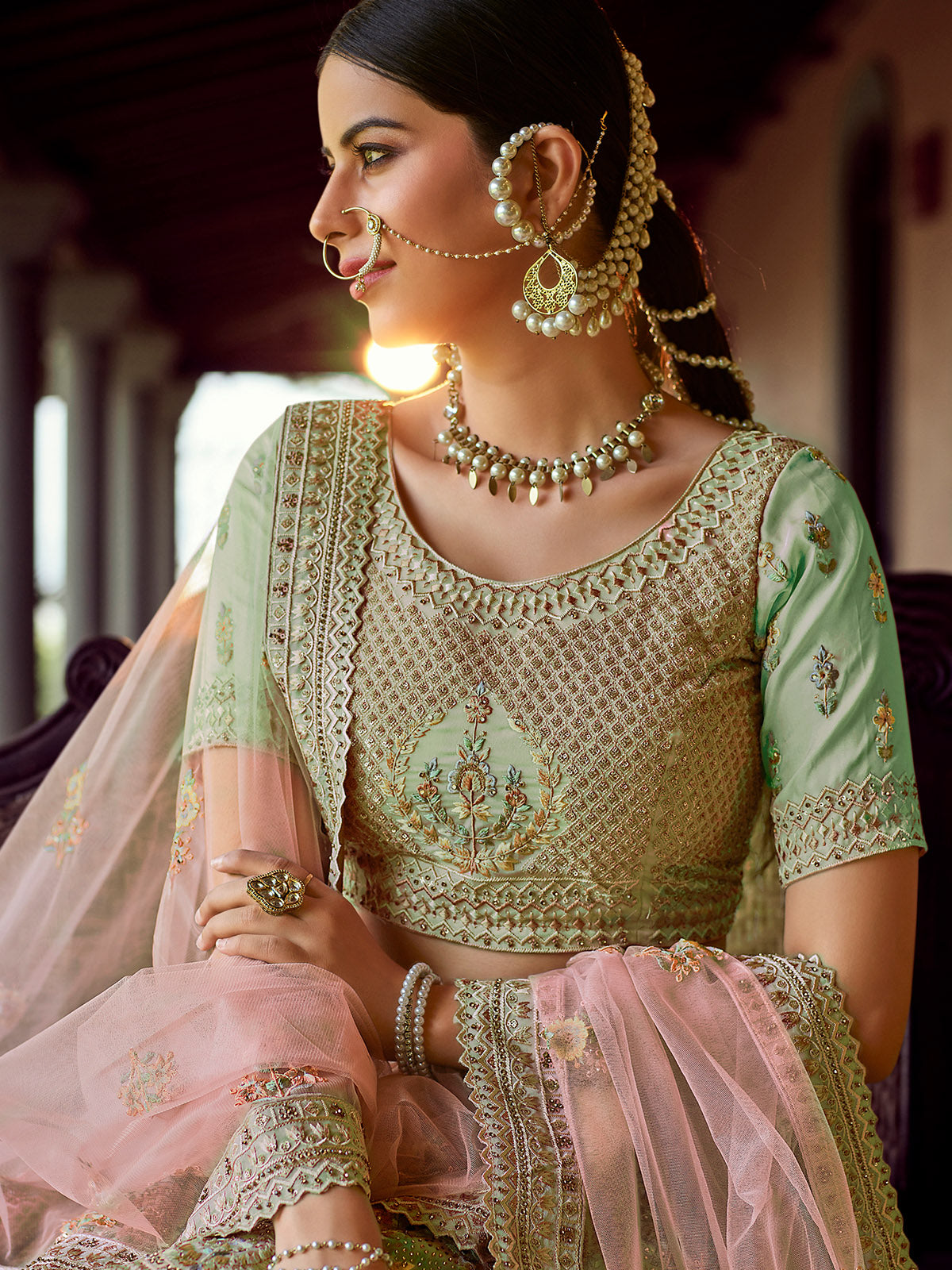 Odette Olive Embroidered Georgette Semi Stitched Lehenga With Blouse For Women