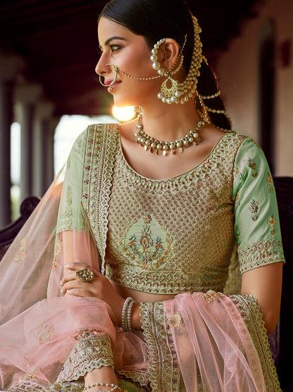 Odette Olive Embroidered Georgette Semi Stitched Lehenga With Blouse For Women