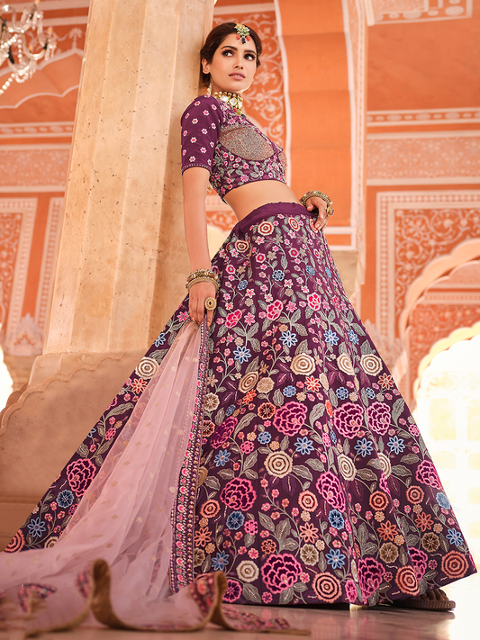 Odette Women Purple Crepe Semi Stitched Lehenga With Unstitched Blouse