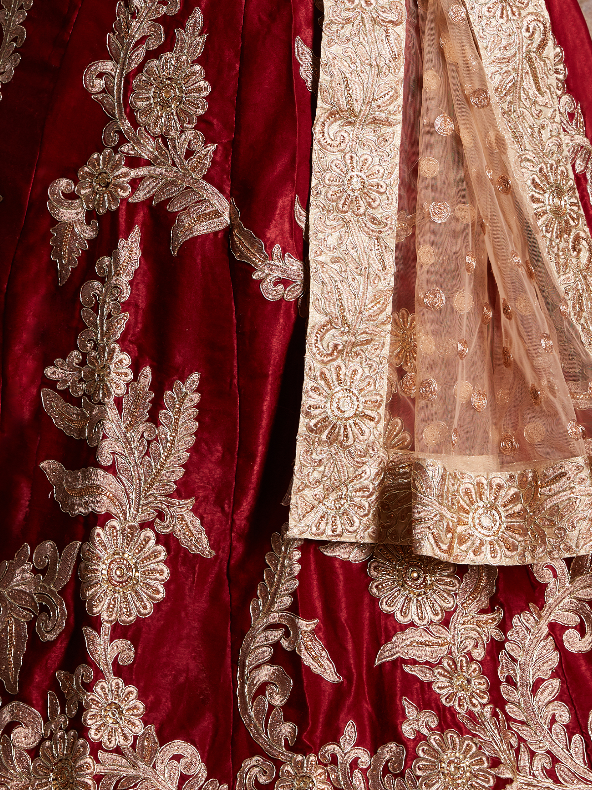 Odette Women Maroon Embroidered Semi Stitched Lehenga With Unstitched Blouse