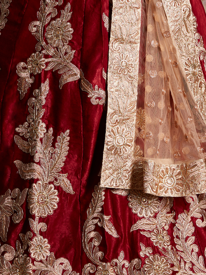 Odette Women Maroon Embroidered Semi Stitched Lehenga With Unstitched Blouse