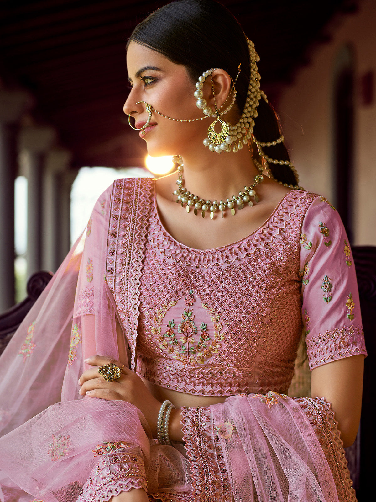 Odette Pink Embroidered Georgette Semi Stitched Lehenga With Blouse For Women