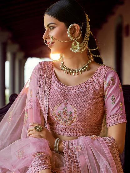 Odette Pink Embroidered Georgette Semi Stitched Lehenga With Blouse For Women