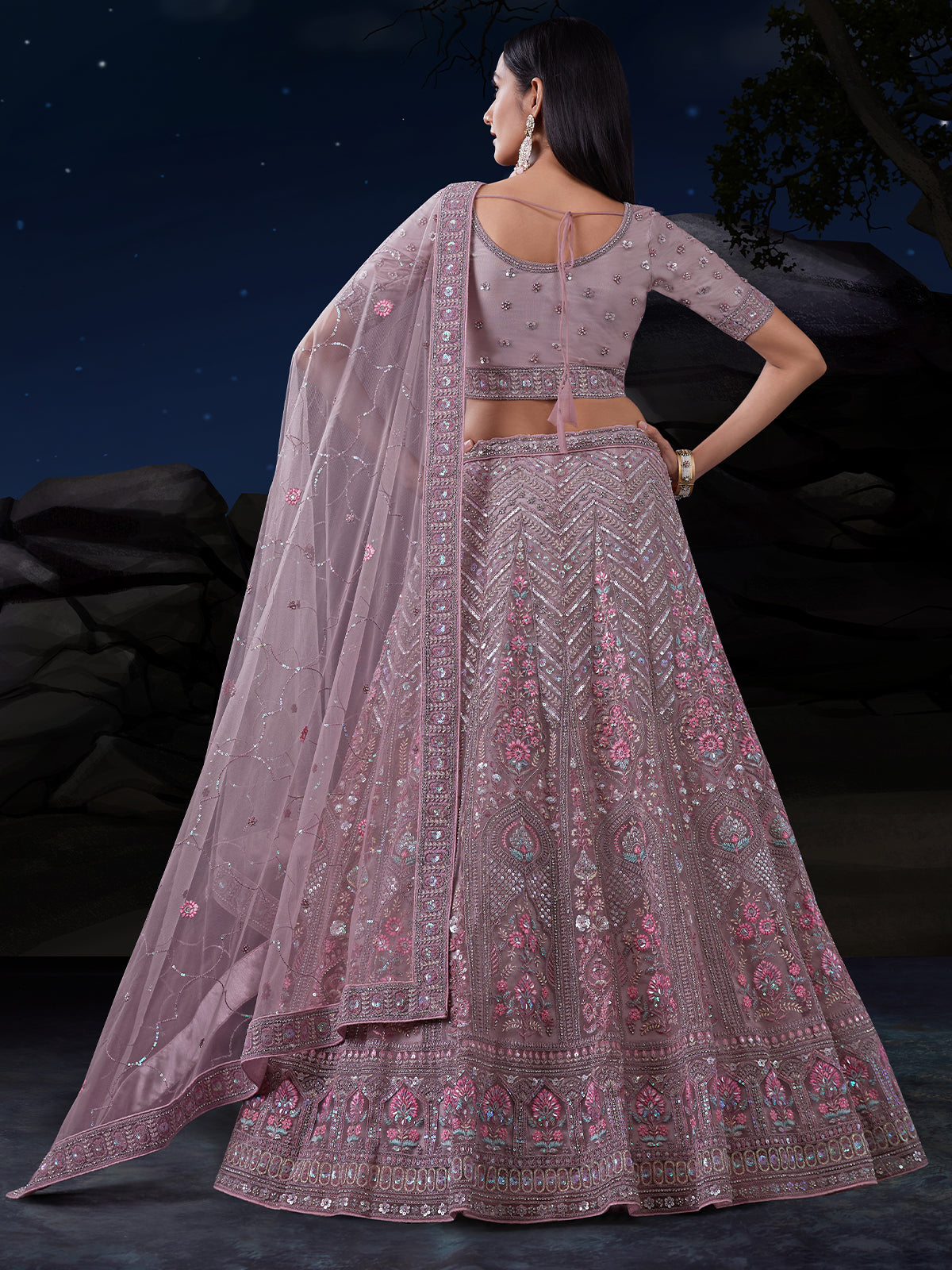 Odette Mauve Embroidered Soft Net Semi Stitched Lehenga With Blouse For Women