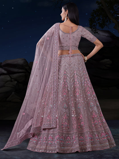 Odette Mauve Embroidered Soft Net Semi Stitched Lehenga With Blouse For Women