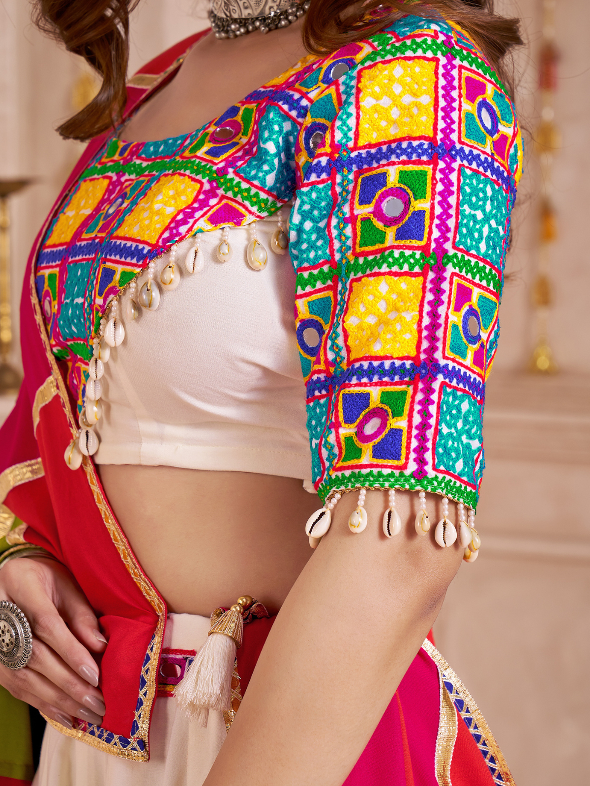 Odette Multicolor Viscose Cotton Embroidered Semi-Stitched Lehenga Choli For Women