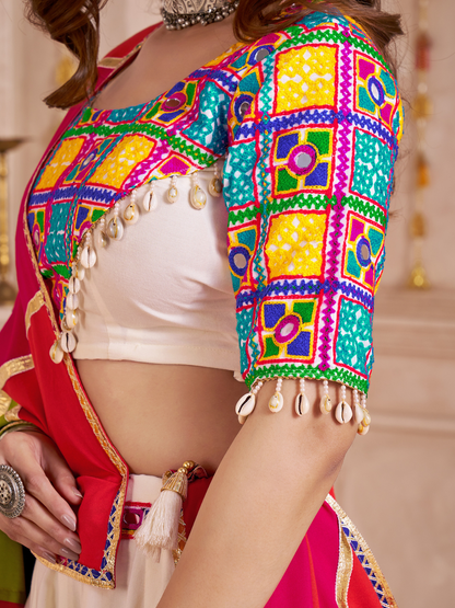 Odette Multicolor Viscose Cotton Embroidered Semi-Stitched Lehenga Choli For Women