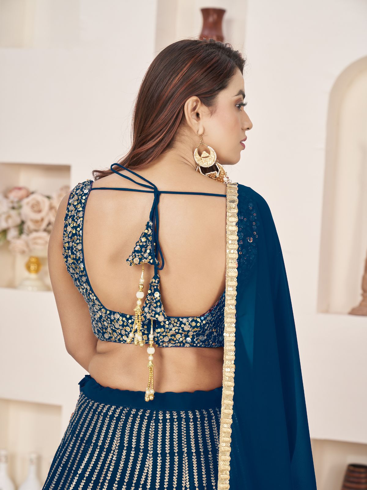 Odette Blue Georgette Embellished Semi Stitched Lehenga With Unstitched Blouse For Women